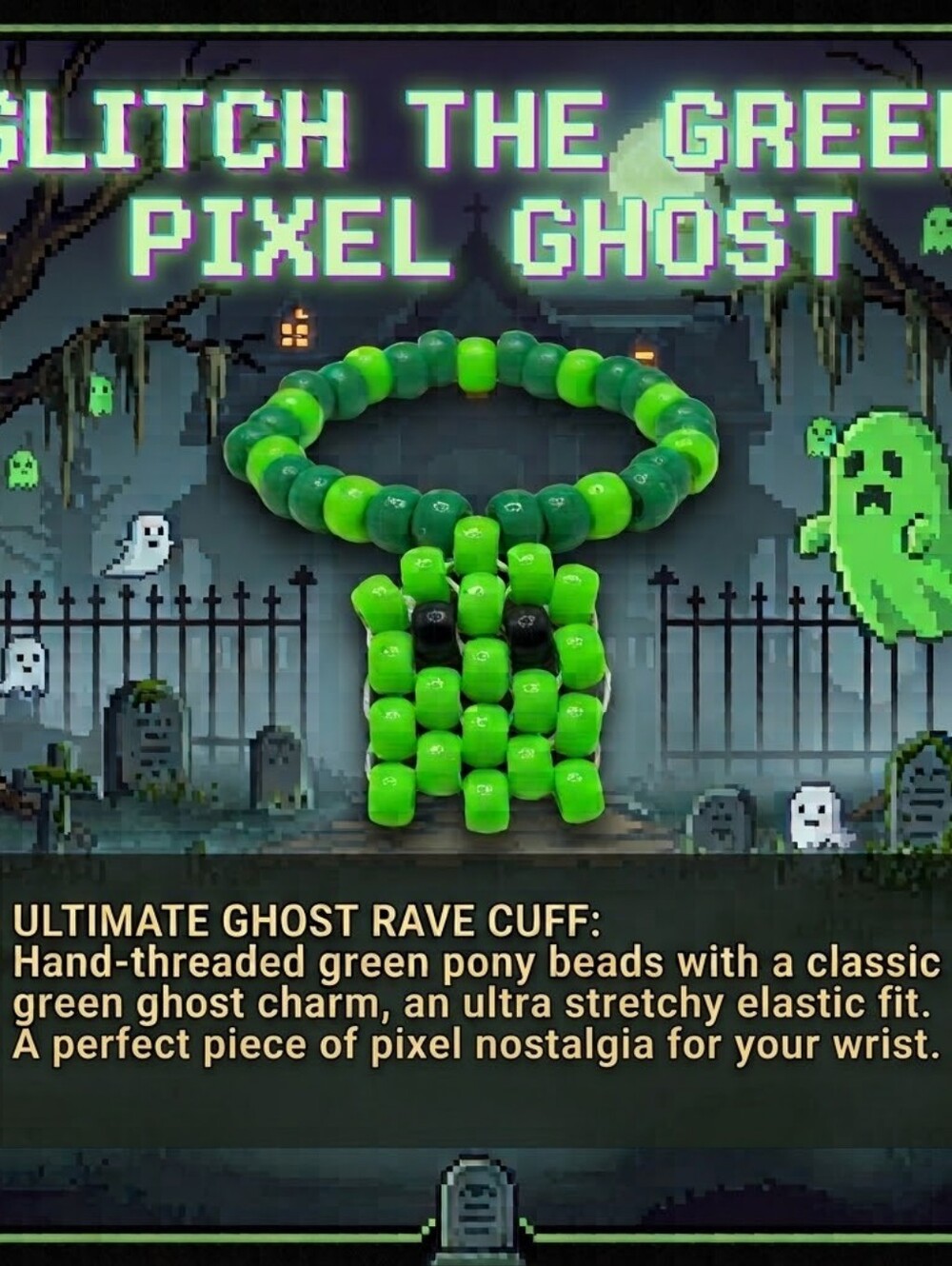 Glitch The Green Pixel Ghost - Single - Kandi Bracelet - EDM Rave Festival Jewel